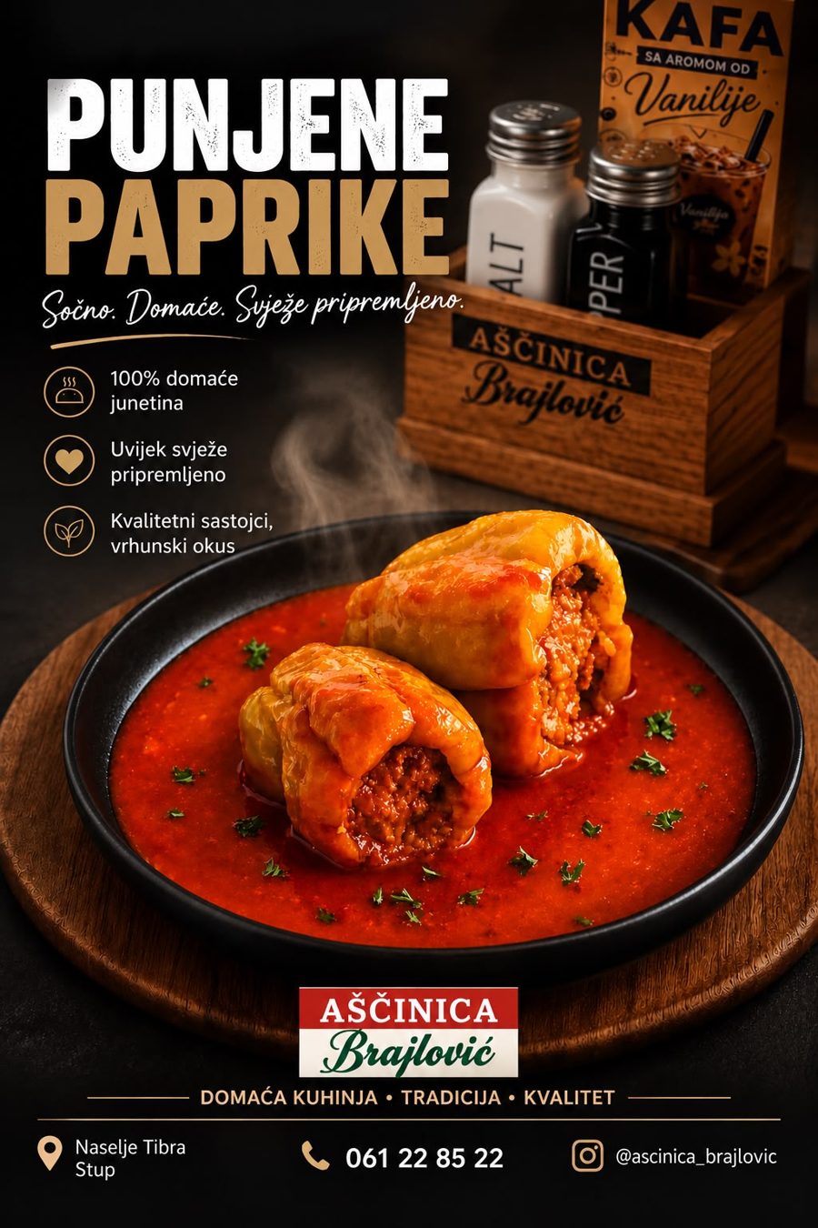 Plakat: punjene paprike u paradajz sosu, Aščinica Brajlović