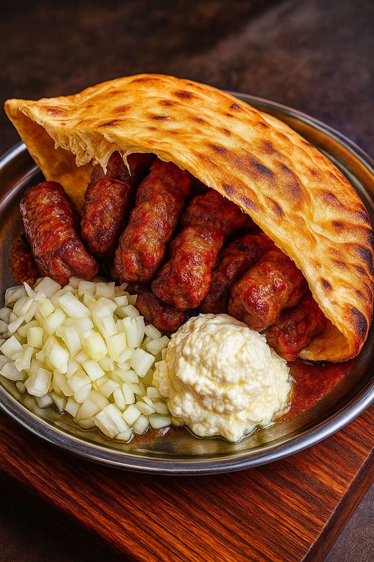 Ćevapi u somunu sa lukom i kajmakom na bakrenom tanjiru